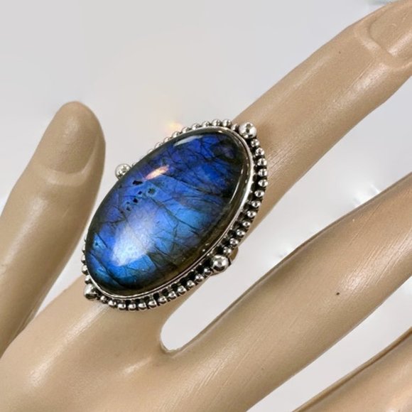 Labradorite Ring, Sterling Silver, Blue Stone, Size 5 3/4, 1 1/2" Long